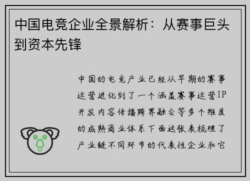 中国电竞企业全景解析：从赛事巨头到资本先锋